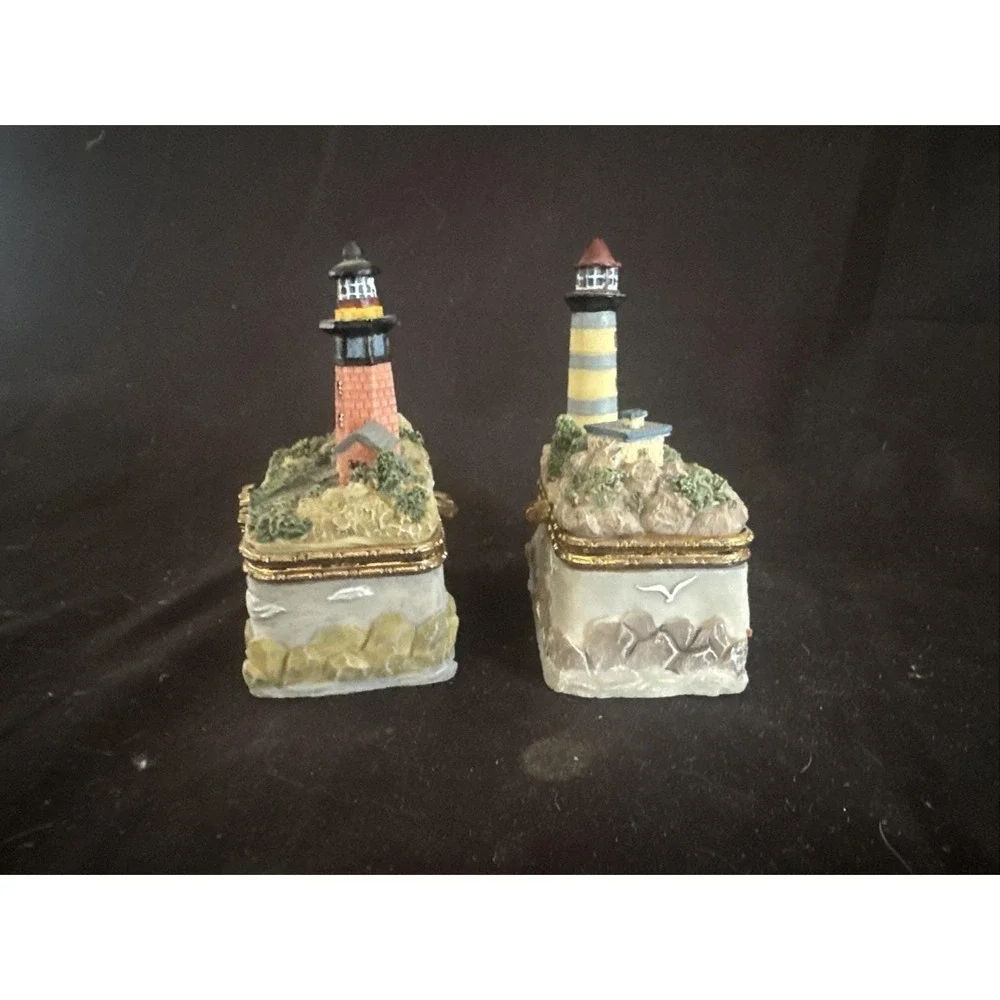 Vintage Lighthouse Trinket Boxes Set of 2 Decorative Coastal Keepsake Boxes